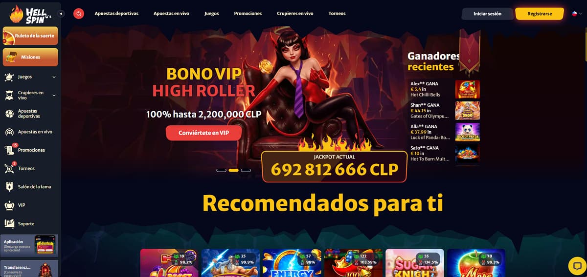 Página principal de Hellspin Casino con promoción VIP High Roller, jackpot acumulado, lista de ganadores recientes y una selección de tragamonedas recomendadas en una interfaz de temática infernal.