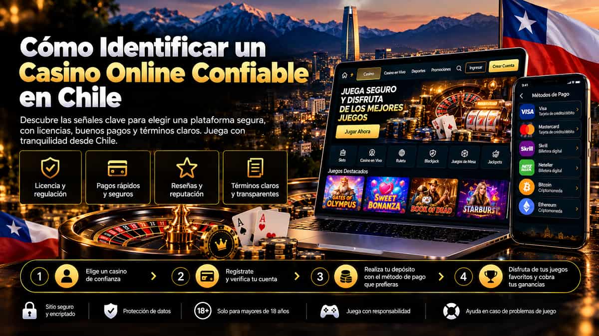 Cómo Identificar un Casino Online Confiable en Chile con laptop, celular, ruleta y señales de seguridad.